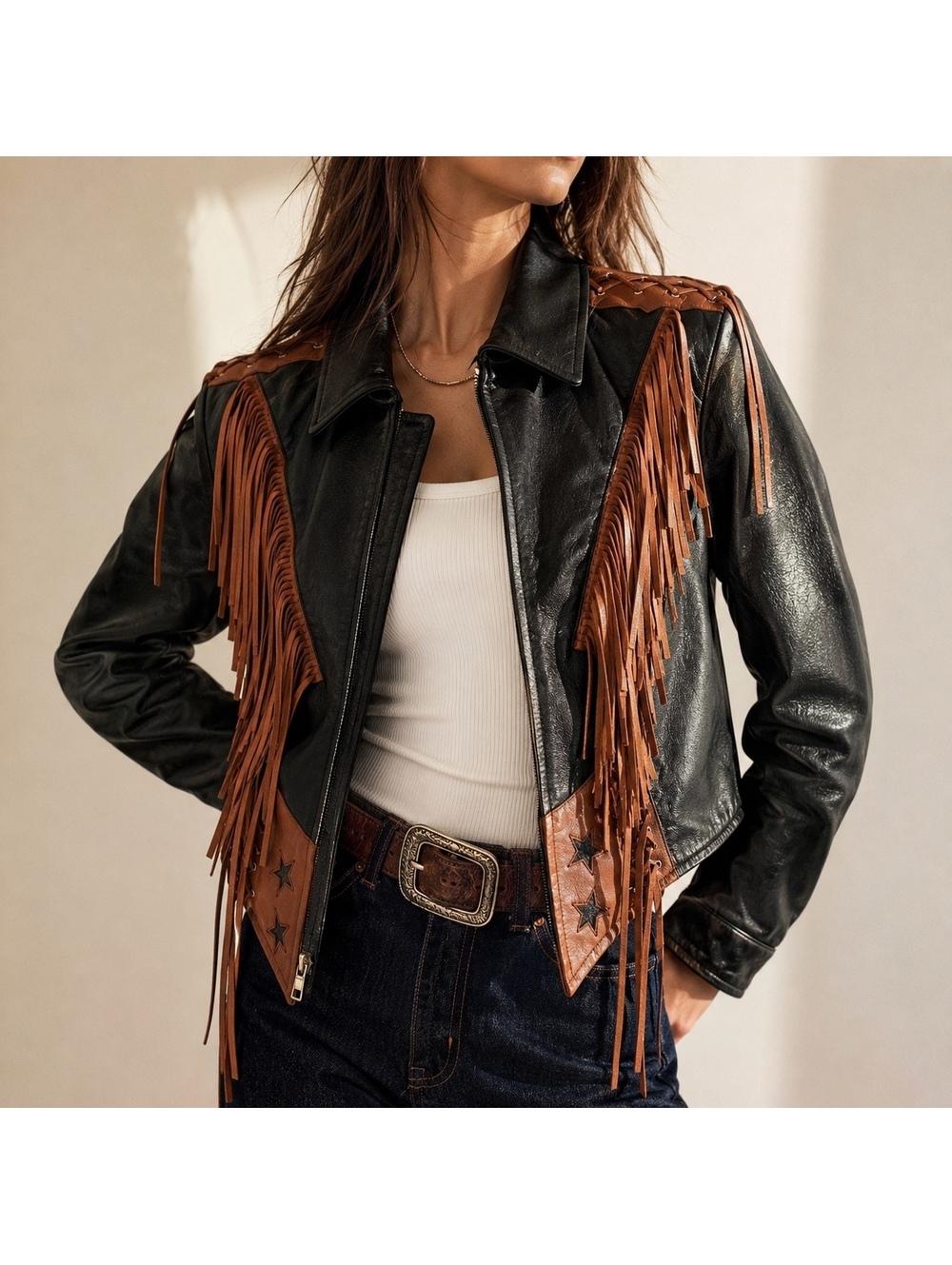 Vintage 90s FMC RangeWear Black Leather Fringe Western Jacket Women’s L